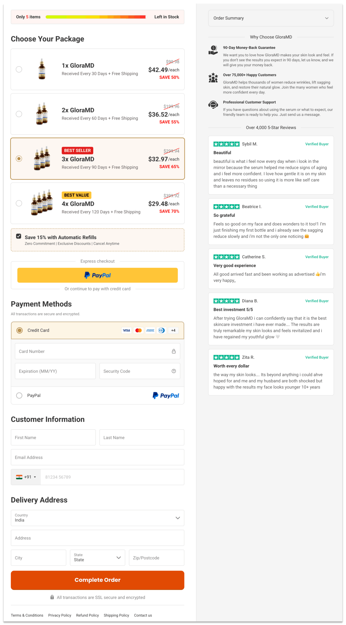 GloraMD Face Serum checkout page